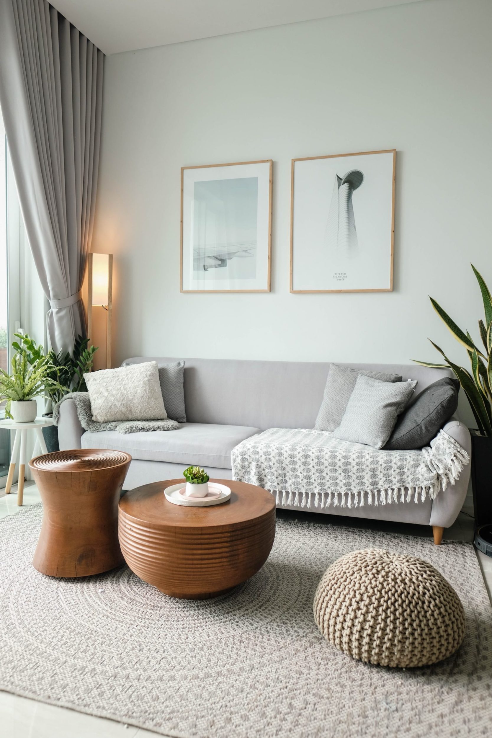 a living room with a white couch