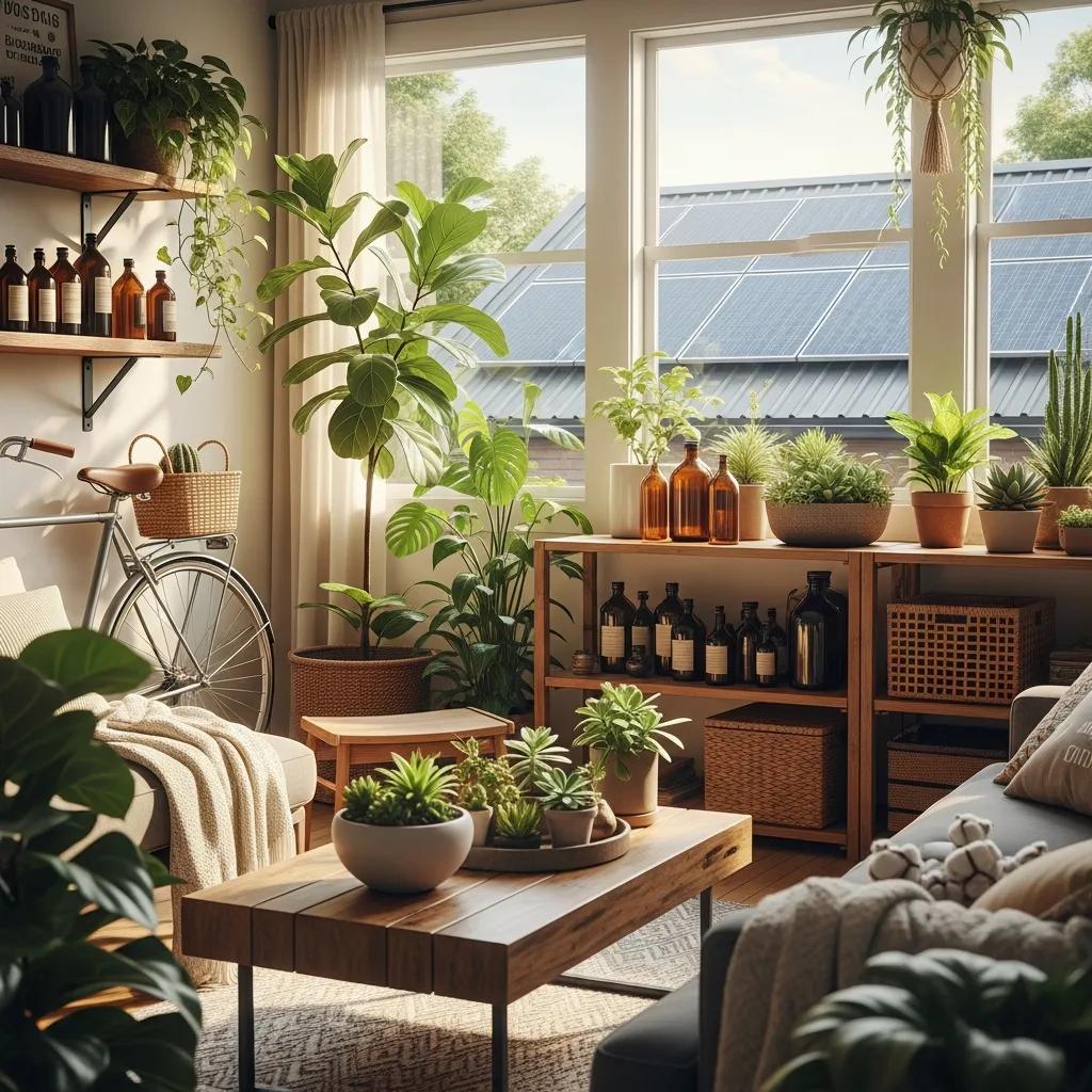 Cozy eco-friendly home with solar panels and indoor plants promoting sustainable living