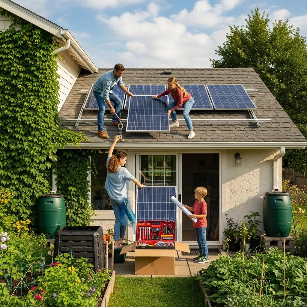Family installing solar panels on a roof, demonstrating sustainable home practices