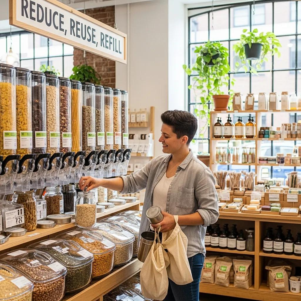 Person shopping at a zero waste store with reusable bags, promoting sustainable living