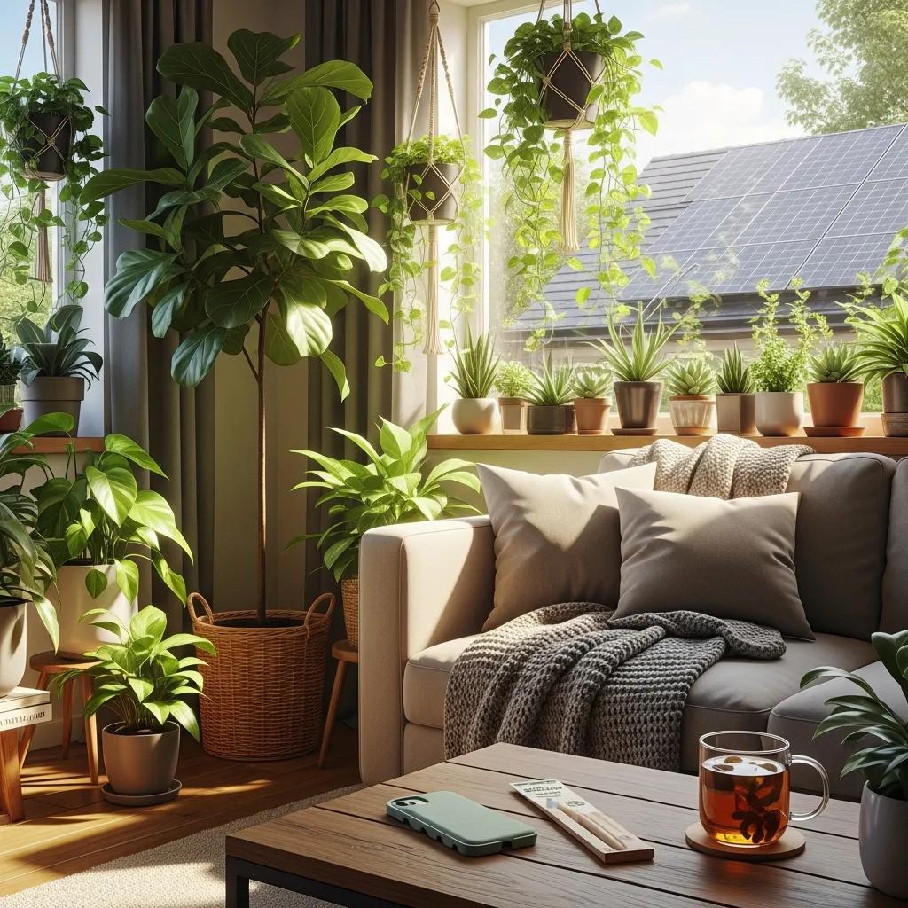 Cozy eco-friendly home with indoor plants and solar panels, representing sustainable living